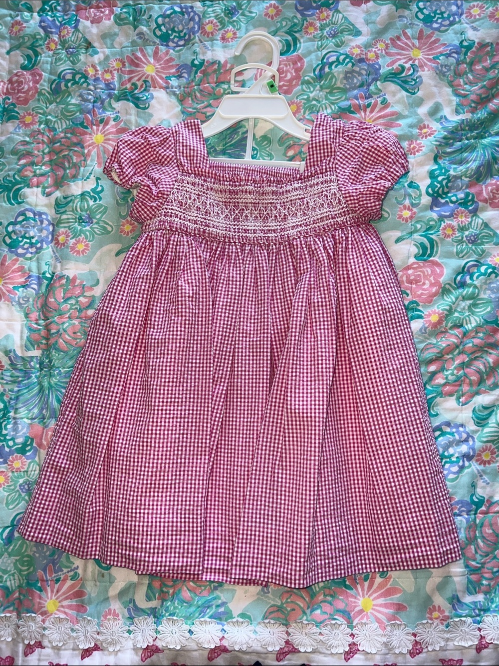 Ralph Lauren Pink Gingham Smocked Puff-Sleeve Dress